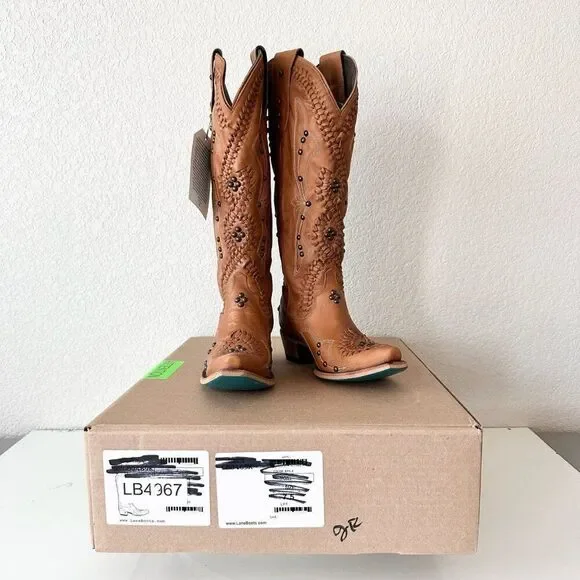 Wide calf friendly Tan Heeled Boots with Intricate Detailing - Picture 9 of 10